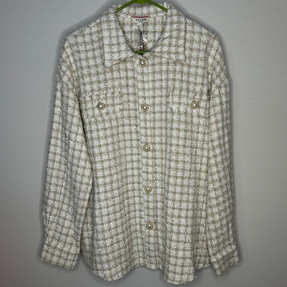 Andree By Unit Oversized Tweed Shacket Pearl Buttons Beige‎ Women Medium NWT